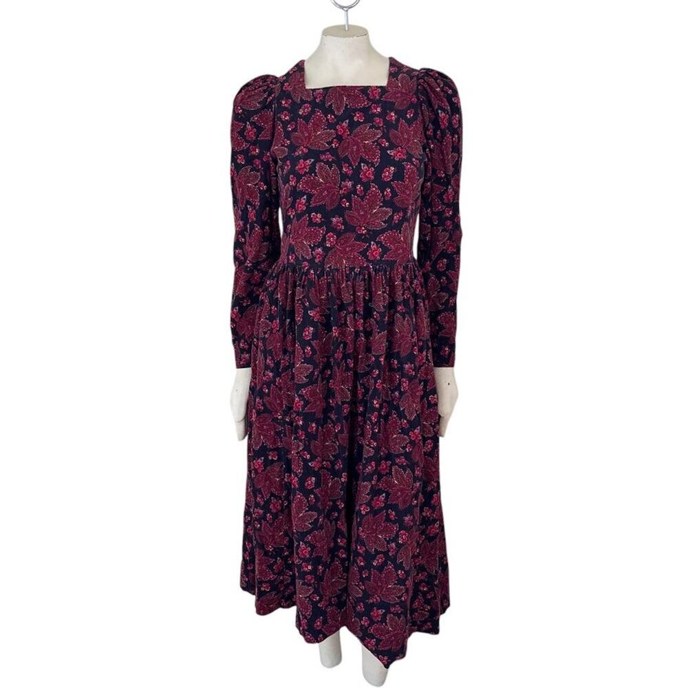 VTG 80s LAURA ASHLEY Puff Shoulder Corduroy Midaxi Dress Paisley Leaf Floral  8